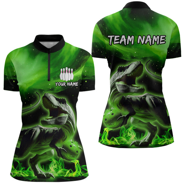 Maxcorners Personalized Green Dinosaur Bowling Shirt Bowling Polo Team League for Men Women