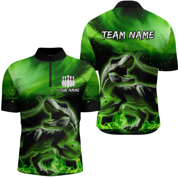 Maxcorners Personalized Green Dinosaur Bowling Shirt Bowling Polo Team League for Men Women