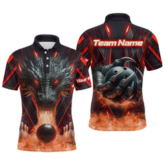 Maxcorners Custom Black And Red Flame Dragon Bowling Jerseys, Dragon Bowling Team Men Polo Shirts