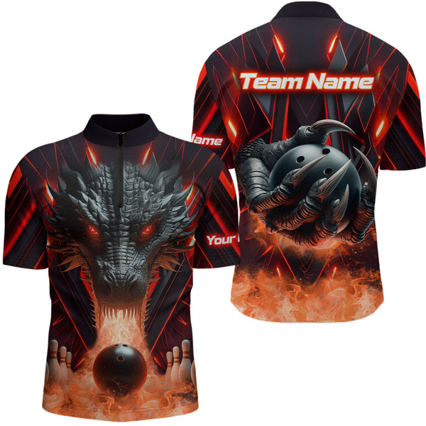 Maxcorners Red & Black Flame Dragon Bowling Shirt Polo Bowling Team League for Men Women Bowling Gifts