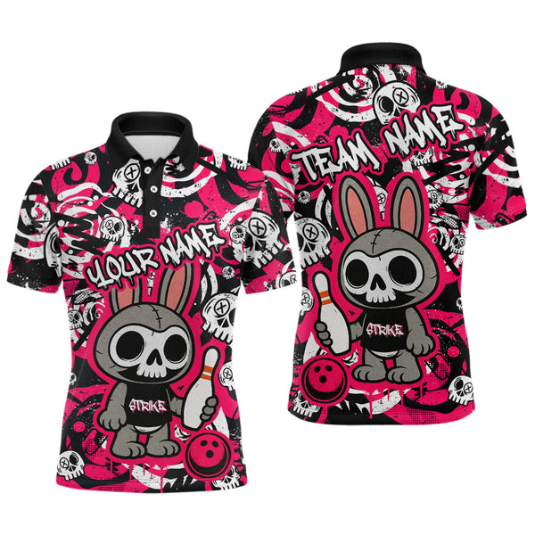 Maxcorners Custom Pink Skull Bunny Bowling Shirt Gothic Men Bowling Team League Polo & 1/4-Zip Bowling Unisex Halloween TU1908