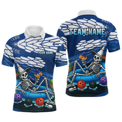 Maxcorners Custom Blue Funny Skull Bowling Team Shirt Polo & Quarter-Zip Bowling League Jersey for Men LM2608