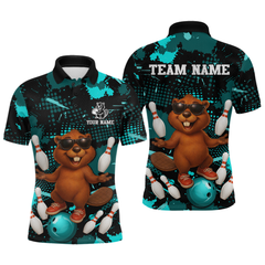 Maxcorners Custom Teal Funny Beaver Bowling Team Shirt Men Bowling League Jersey Polo Bowling Outfit LM0409