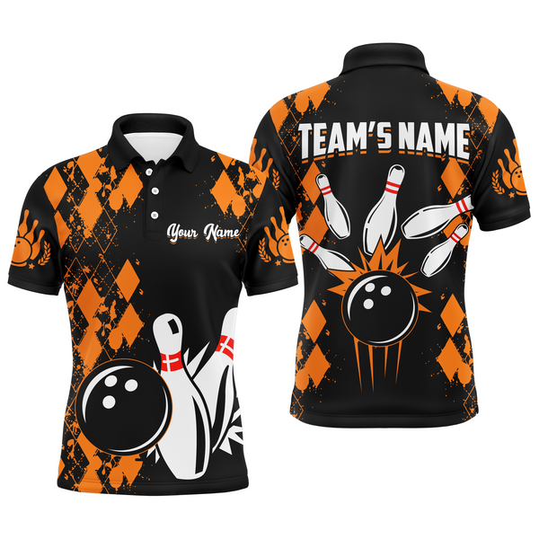 Maxcorners Bowling And Pins Orange Pattern Customized Name, Team Name 3D Polo Shirt