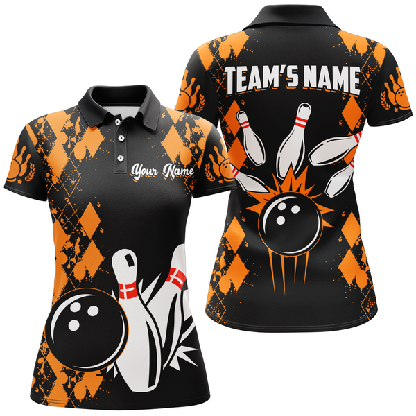 Maxcorners Bowling And Pins Orange Pattern Customized Name, Team Name 3D Polo Shirt