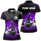 Maxcorners Bowling And Pins Purple Hexagon Pattern Customized Name, Team Name 3D Polo Shirt