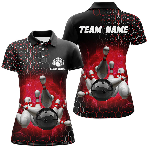 Maxcorners Bowling And Pins Red Hexagon Pattern Customized Name, Team Name 3D Polo Shirt