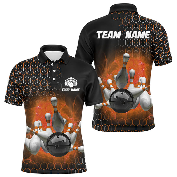 Maxcorners Bowling And Pins Orange Hexagon Pattern Customized Name, Team Name 3D Polo Shirt