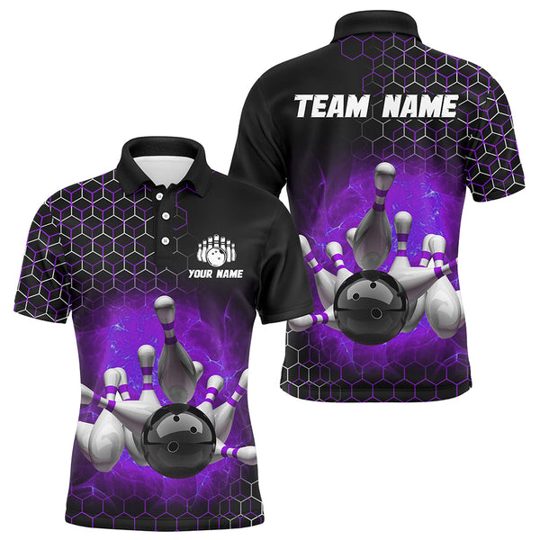 Maxcorners Bowling And Pins Purple Hexagon Pattern Customized Name, Team Name 3D Polo Shirt