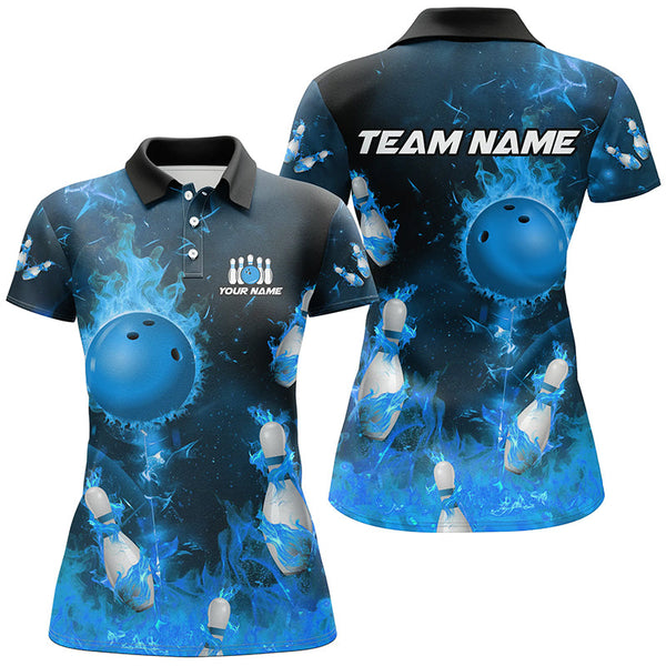 Maxcorners Bowling And Pins Blue Flame  Customized Name, Team Name 3D Polo Shirt