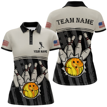 Maxcorners American Flag Bowling Jersey For Women Patriotic Bowling Shirt Team League Bowling Polo Shirt