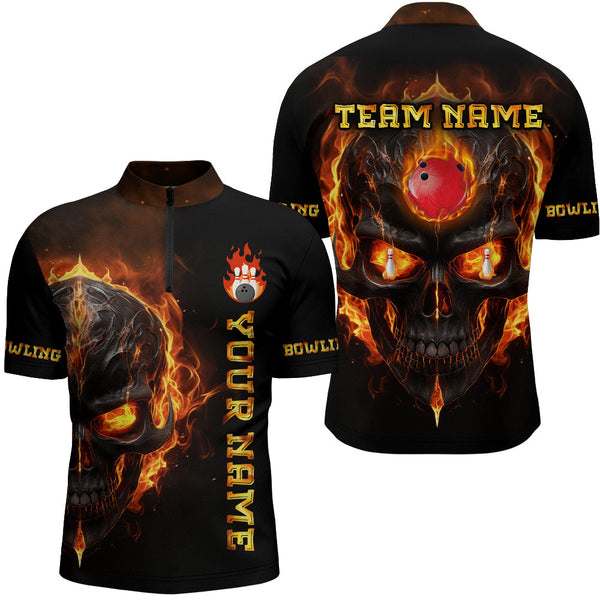 MaxCorners Bowling And Pin Skull Flame Customized Name 3D Stand Collar Zipper Polo Shirt Unisex