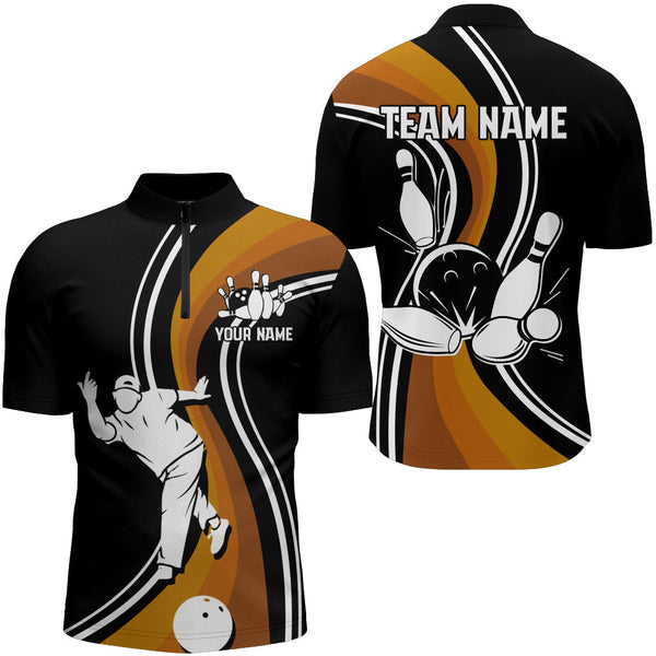 MaxCorners Bowling Ball And Pins Black&Orange Customized Name, Team Name 3D Stand Collar Zipper Polo Shirt