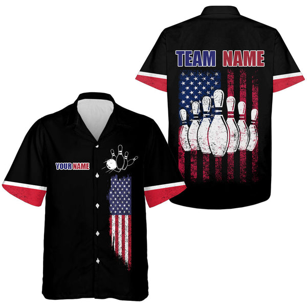 MaxCorners Bowling And Pins American Flag  Customized Name, Team Name 3D Hawaiian Shirt