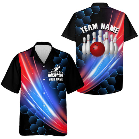 MaxCorners Bowling And Pins Neon Customized Name, Team Name 3D Hawaiian Shirt