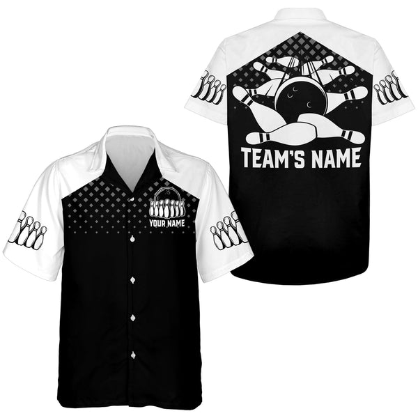 MaxCorners Bowling And Pins Black White Pattern Customized Name, Team Name 3D Hawaiian Shirt