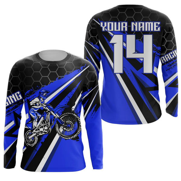 Custom Dirt Bike Jersey Blue UPF30+ Youth Motocross Shirt Boys Girls MX Jersey Men Women Motorcycle