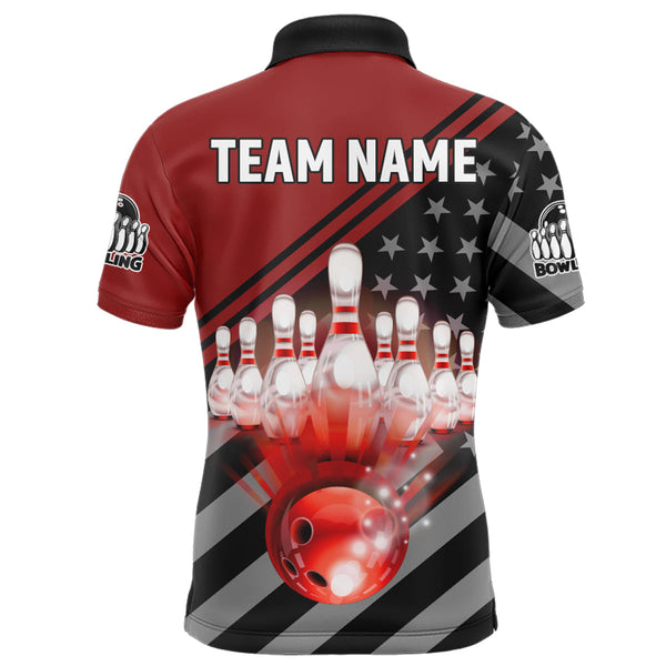 Maxcorners Red&Black Bowling American Flag Customized Name And Team Name 3D Shirt