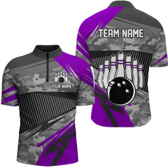 Maxcorners Purple Camo Bowling Shirts for Women Men Custom Team Bowling Polo & 1/4 Zip Shirt