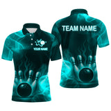 Maxcorners Teal Flaming Bowling Shirts for Women Men Custom Team Bowling Polo & Quarter Zip LM1708