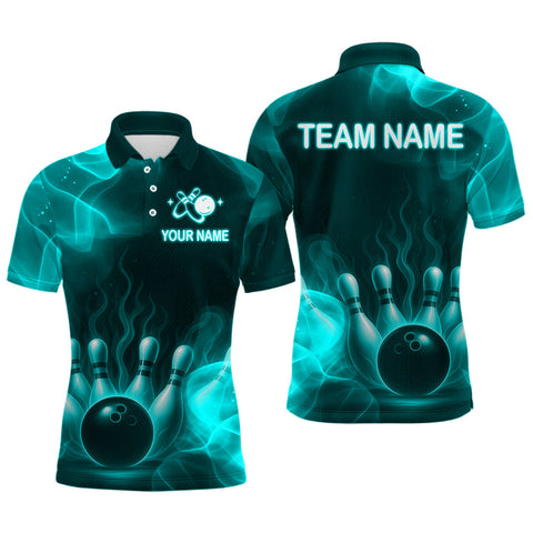 Maxcorners Teal Flaming Bowling Shirts for Women Men Custom Team Bowling Polo & Quarter Zip LM1708