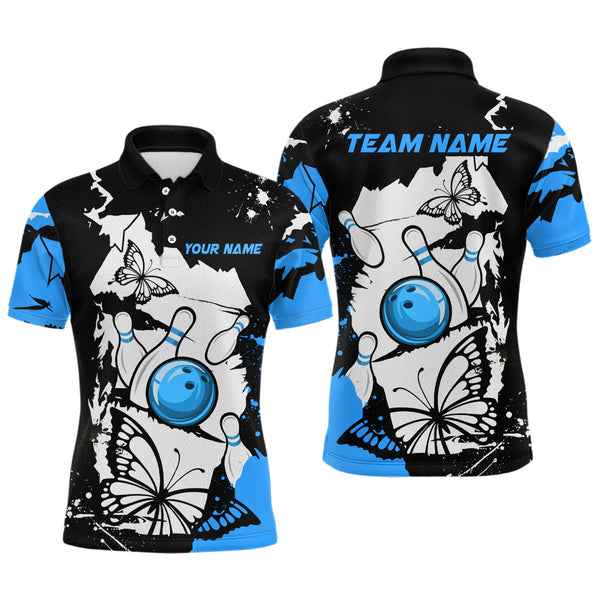 Maxcorners Custom Blue Butterflies Bowling Shirt for Men Women Team Bowling Polo&Quater Zip LM263
