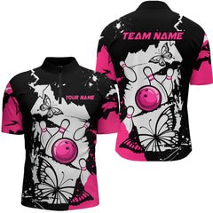 Maxcorners Custom Pink Butterflies Bowling Shirt for Men Women Team Bowling Polo&Quater Zip