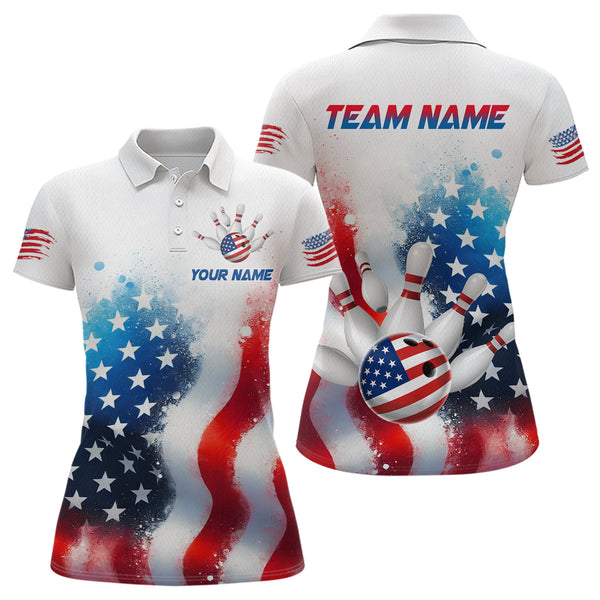 Maxcorners American Flag Bowling Shirts Custom Bowling Shirt For Women Men Patriotic Bowling Polo Shirt