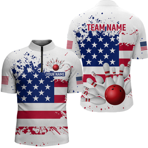 Maxcorners Patriotic Bowling Shirt Custom American Flag Bowling Shirts for Women Men Polo&1/4 Zip LM133