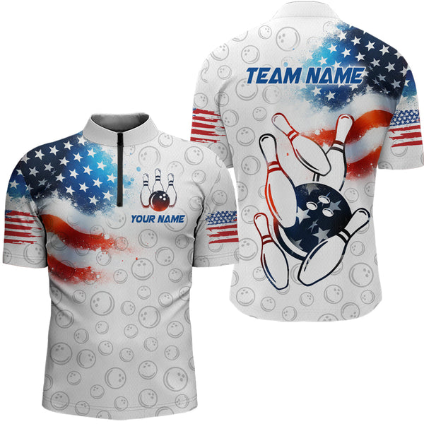 Maxcorners American Bowling Shirt Patriotic Bowling Shirts for Men Women Bowling Polo 1/4 Zip Shirt  LM133