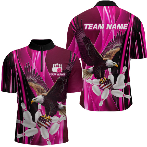 Maxcorners Custom Pink Eagle Bowling Shirt for Men Women Team Bowling Polo Shirts & 1/4 Zip LM2504