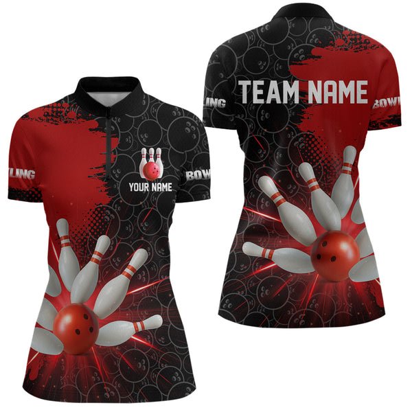 Maxcorners Custom Red&Black Bowling Shirts for Men Women Team Bowling Polo and Quarter Zip MT2108