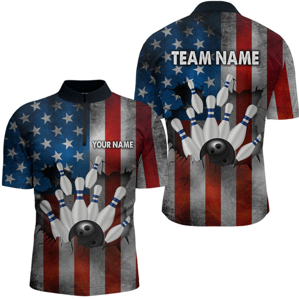 Maxcorners Custom American Flag Bowling Shirts for Men and Women Patriotic Bowling Polo& 1/4 Zip LM133