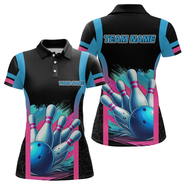 Maxcorners Pink&Blue Bowling Shirt For Men Women Team Bowling Jersey Bowling Polo & 1/4 Zip LM123