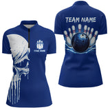 Maxcorners Custom Skull Bowling Shirt Blue Bowling Jersey for Men Women Team Polo&1/4 Zip