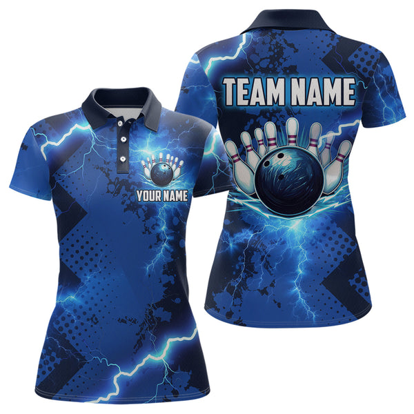 Maxcorners Thunder Lightning Bowling Shirt Blue Bowling Jersey Men Women Team Bowling Shirts