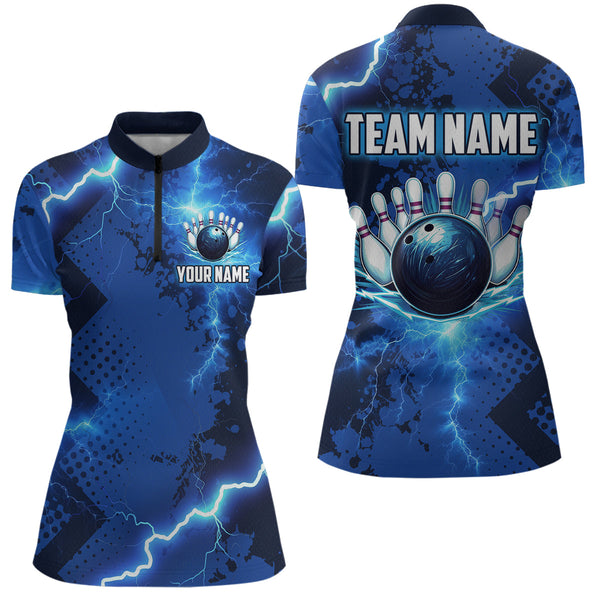 Maxcorners Thunder Lightning Bowling Shirt Blue Bowling Jersey Men Women Team Bowling Shirts