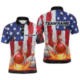 Maxcorners Fire American Flag Bowling Shirt Patriotic Bowling Jersey Men Women Team Polo&1/4 Zip