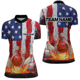 Maxcorners Fire American Flag Bowling Shirt Patriotic Bowling Jersey Men Women Team Polo&1/4 Zip