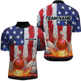 Maxcorners Fire American Flag Bowling Shirt Patriotic Bowling Jersey Men Women Team Polo&1/4 Zip