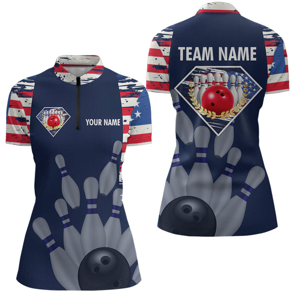 Maxcorners Custom Patriotic Bowling Shirts for Women Men American Flag Bowling Shirt for Team