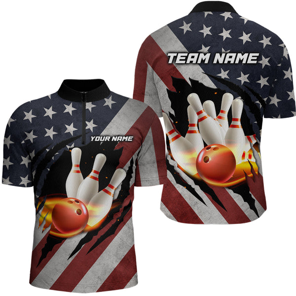 Maxcorners American Flag Bowling Shirt Fire Patriotic Bowling Shirts for Men Women Bowling Jersey LM133