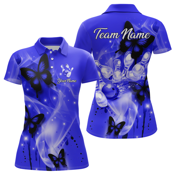 Maxcorners Custom Navy Blue Butterflies Bowling Shirts for Men Women Team MT2108