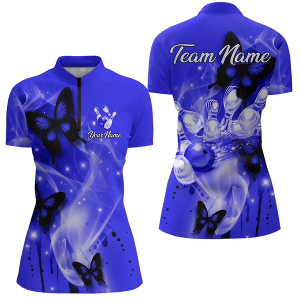 Maxcorners Custom Navy Blue Butterflies Bowling Shirts for Men Women Team MT2108