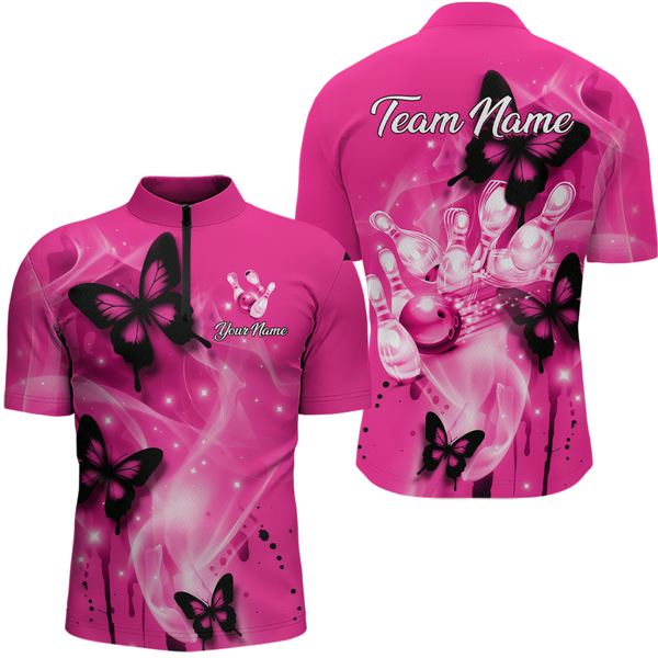Maxcorners Custom Pink Butterflies Bowling Shirts for Men Women Team MT2108