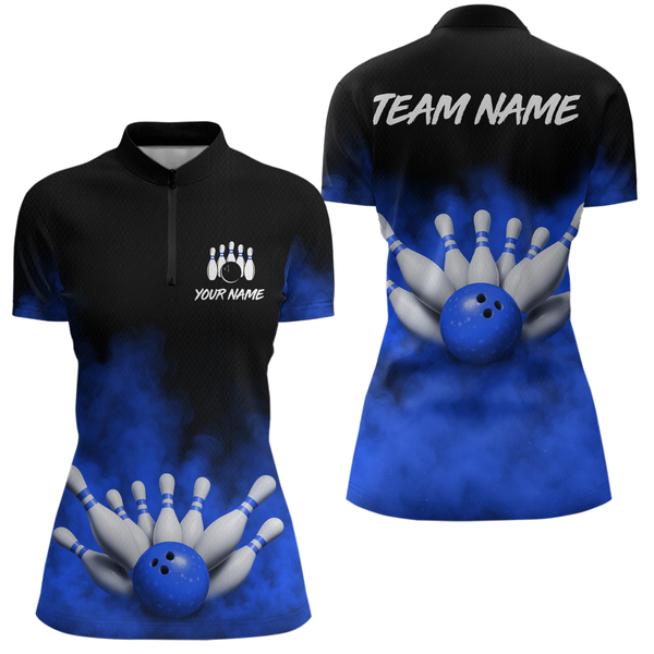 Maxcorners Blue Smoke Bowling Shirts for Men Women Team Personalized Bowling Polo and Quarter Zip MT2108