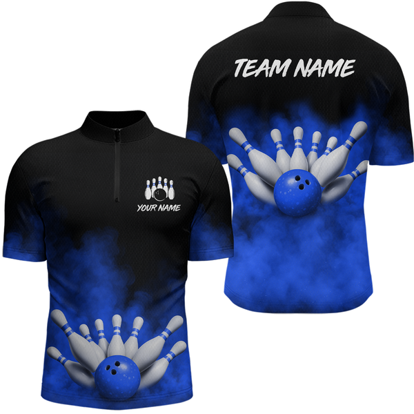 Maxcorners Blue Smoke Bowling Shirts for Men Women Team Personalized Bowling Polo and Quarter Zip MT2108