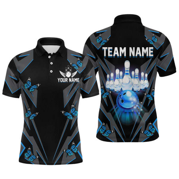 Maxcorners Customize Blue Butterflies Bowling Shirts for Men Women Team Bowling Polo & 1/4 Zip LM1008