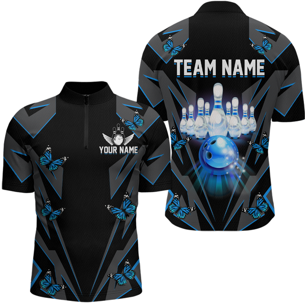 Maxcorners Customize Blue Butterflies Bowling Shirts for Men Women Team Bowling Polo & 1/4 Zip LM1008