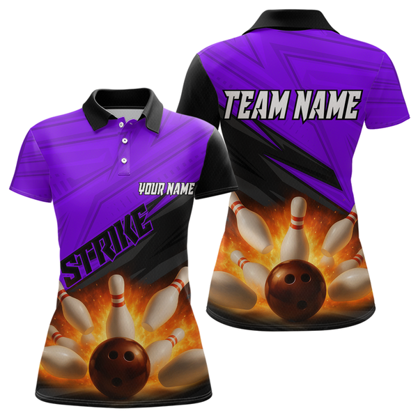 Maxcorners Custom Flaming Purple Bowling Shirts for Women Men Team Bowling Polo & Quarter Zip LM1506